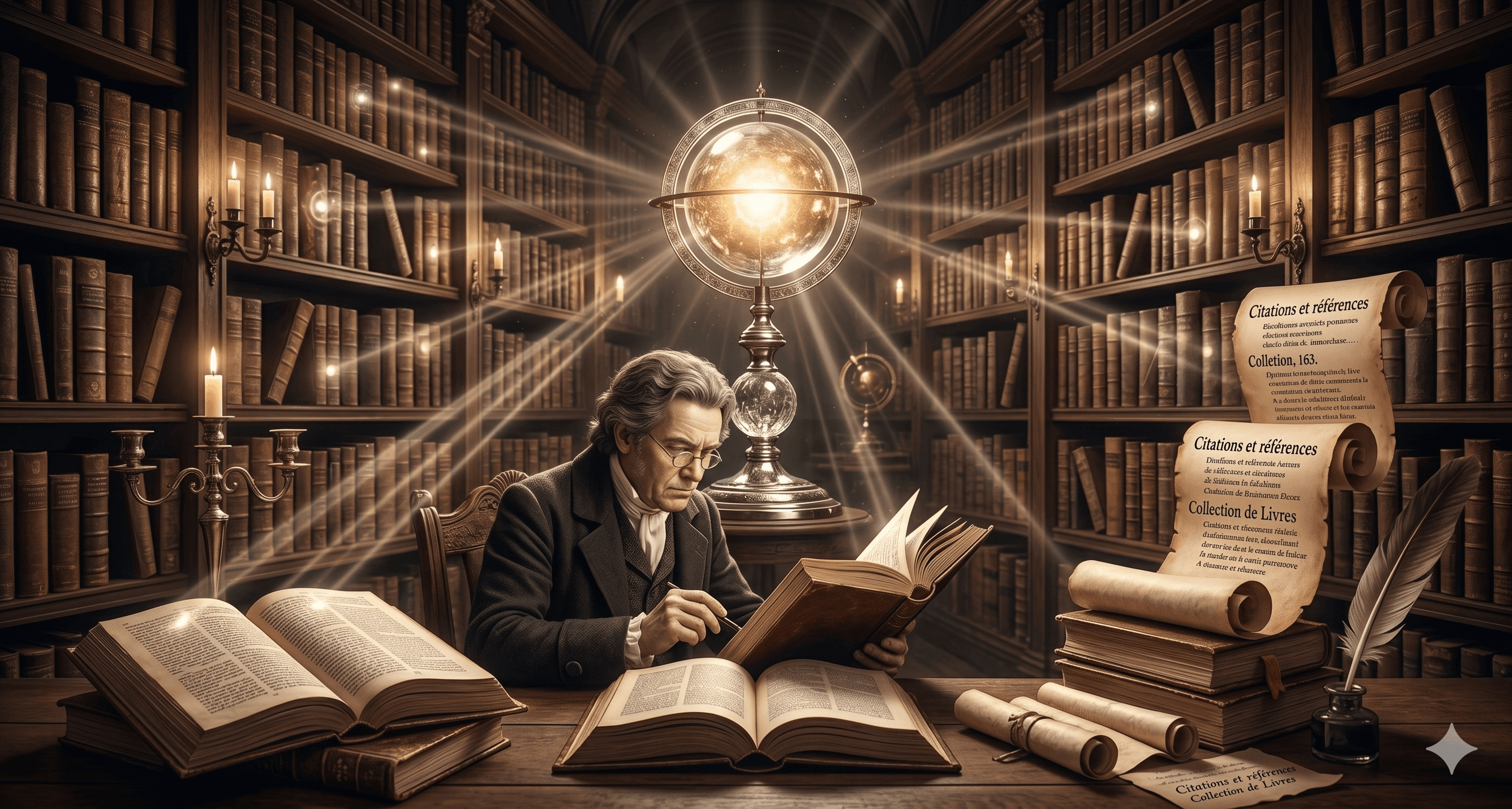 Scholar illuminating his library with AI